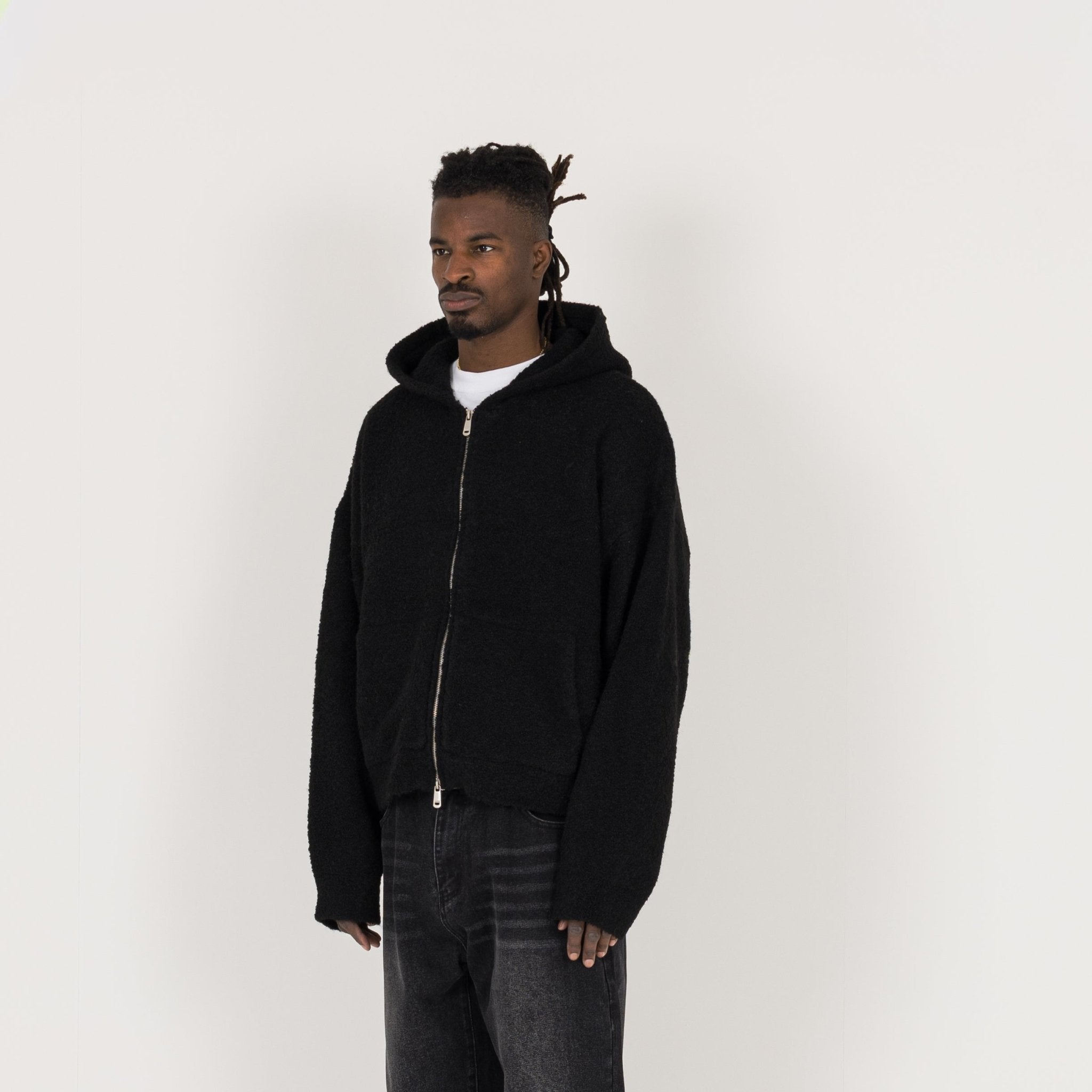 Model view of Destructive Bouclé Black ZIP Hoodie